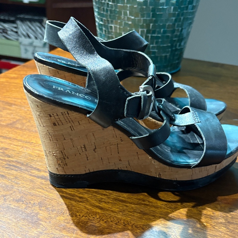 Franco Sarto Black Cork Wedge Sandals